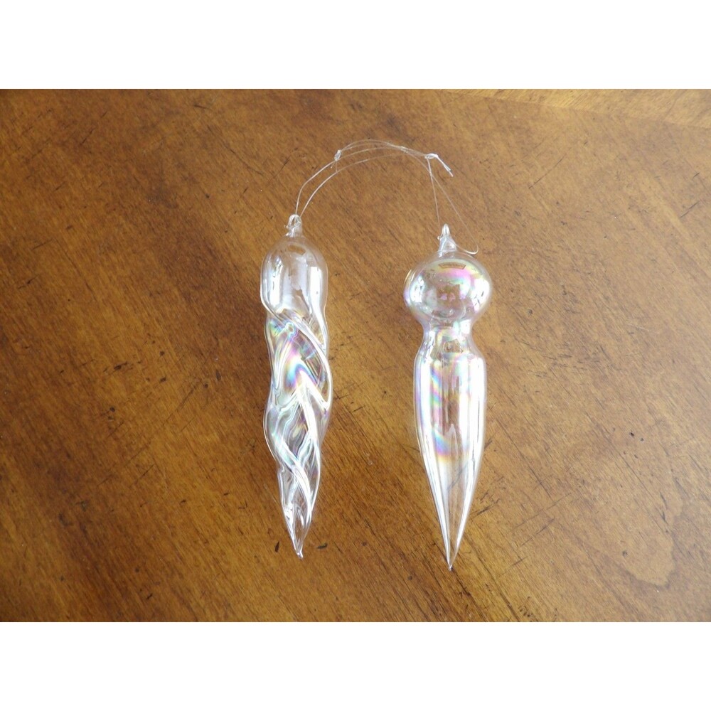 Lot 2 Handblown Clear Thin Glass Iridescent Christmas Tree Ornament Icicle 4.75" - Picture 2 of 13